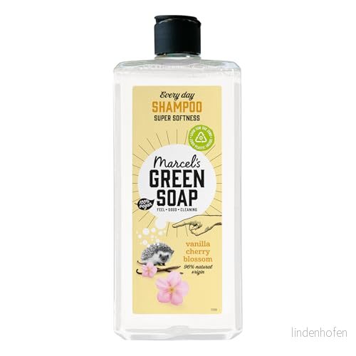 Marcel's Green tvålschampo vanilj och körsbärsblomdoftande doftande grundad med naturliga oljor, 97% natural, 98% biodegradable, vegan, 300 ml mild vård för hår planet 8719325558319
