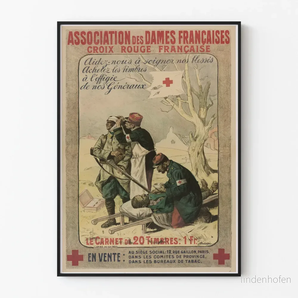 Vintageposter av Röda Korset – Vårda våra sårade med frimärken föreställande generaler