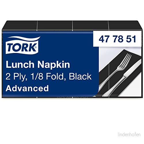 Tork 477851 svarta lunchservetter 1/8 vikta/2 lager, förvikta pappersservetter för snacks eller små rätter, avancerad kvalitet, 10 x 200 (2 000) servetter/32,6 33 cm (B L) 7322540772647