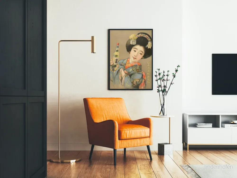 Dekorativ poster av kvinna i blå kimono med sakeflaska - Bild 2