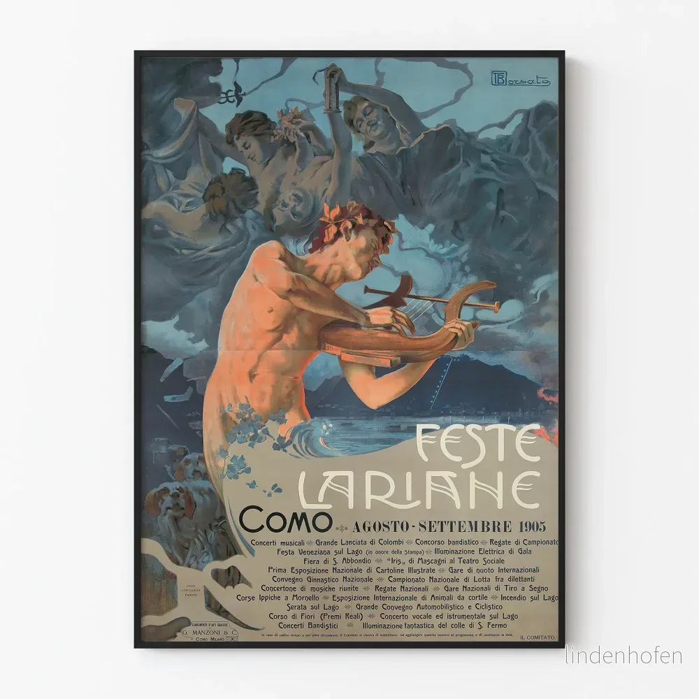 Gammal poster Feste Lariane Como 1905 vintage väggdekoration