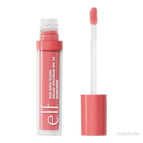 e.l.f. Sun Boss Gloss SPF 25, pigmenterat läppglans för en högglansig finish, fuktgivande och närande formel, vegansk djurförsöksfri, Blush Much? 609332821279