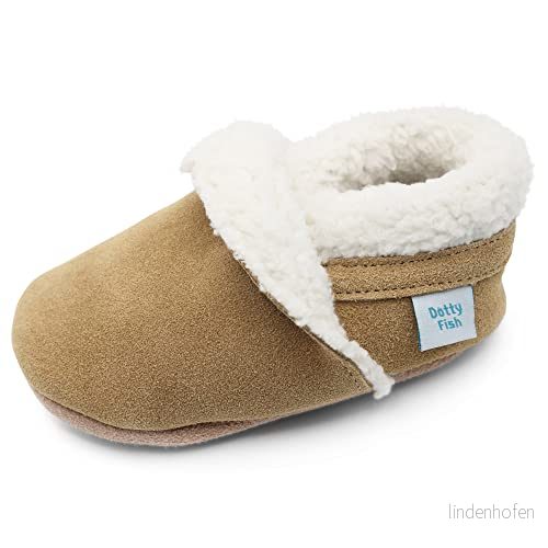 Dotty Fish barntofflor av mocka. Fodrade med varm fleece. 0 6 månader upp till 4 5 år. Mjuk antihalksula. Ljusbrun. år (28 EU) 7426771382924