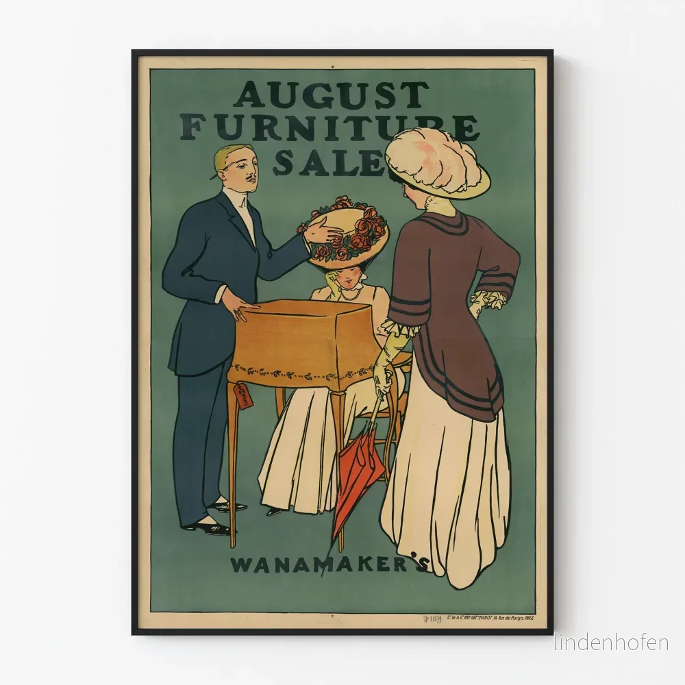Vintageposter för möbelförsäljning hos Wanamaker's i augusti