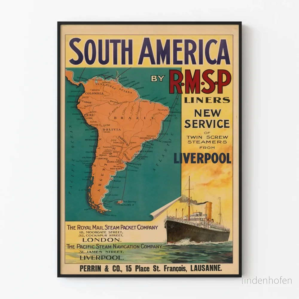 Vintageposter av Sydamerika av R.M.S.P Liners - Sjöfartsaffisch