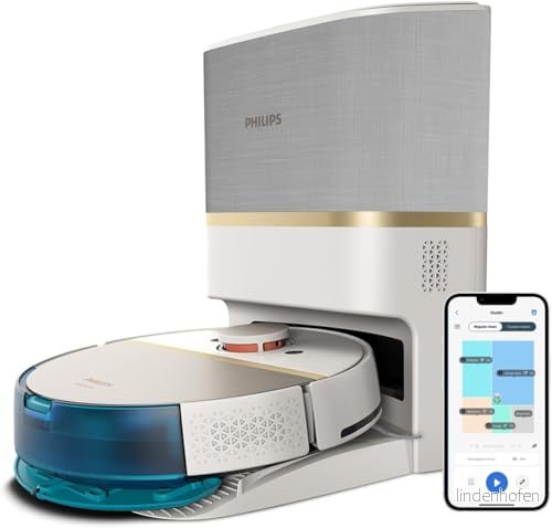Philips HomeRun 7000 seriens robotdammsugare och mopp, ultrastark sugeffekt (5 000 Pa), identifierar små hinder, station för automatisk tömning, vit, robotdammsugare, app, XU7100/02 8720389020483