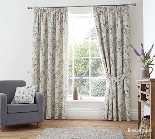 Dreams & Drapes naturliga blommor och fågelgardiner B 66 x L 72 (168 183 cm) 2 pennveckgardiner 100% bomull bakstycken lila blommiga gardiner draperier vintage sångfåglar 5056387741505
