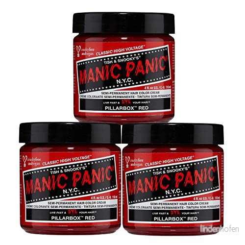 Manic Panic Pillarbox Red Classic Creme, Vegan, Cruelty Free, Semi Permanent Hair Dye 3 x 118ml 612600110203
