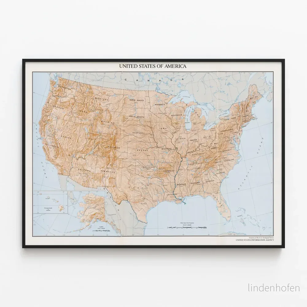 Reliefkarta över Amerikas förenta stater - Detaljerad geografisk poster