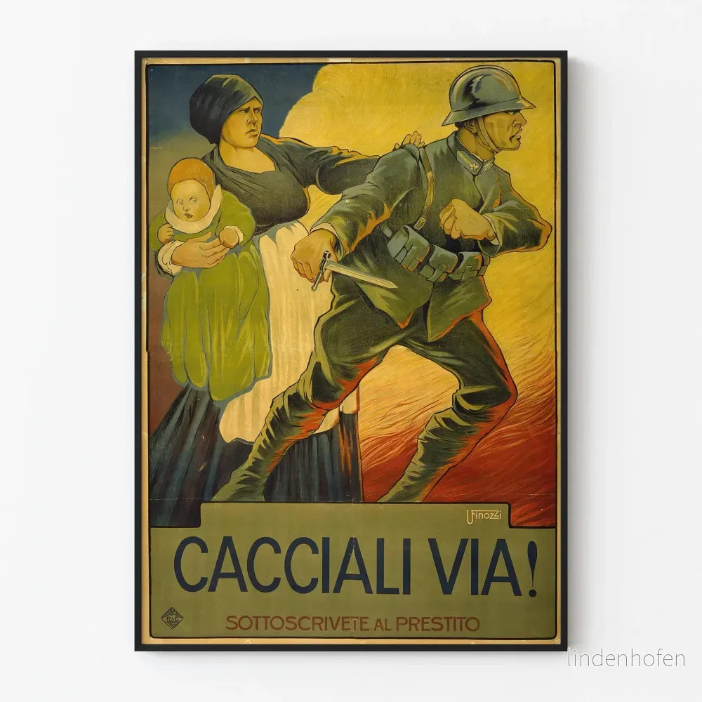 Vintage krigsdekoration poster - Soldat i aktion och familj