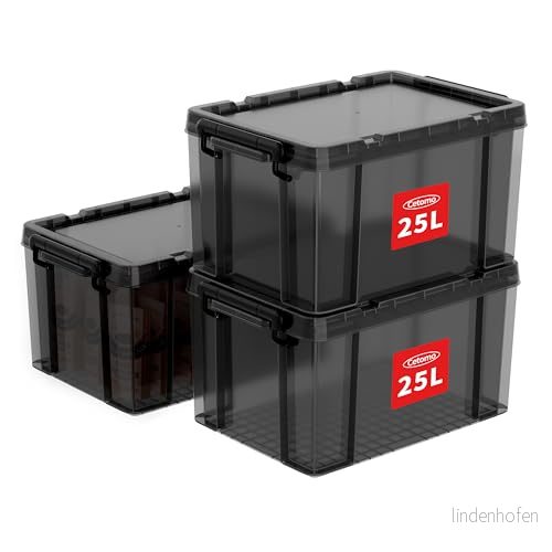 Cetomo 25 L x 3 förvaringslådor, stapelbar förvaringslåda med lock, kraftig behållare lock förstärkta hörn, vertikala sidor och klämstängning, hållbar, plast, klar svart, L-3-pack 6925801116429
