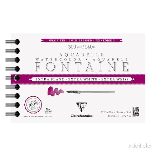 Clairefontaine 976049C extra vit fontän spiralformat album 12 ark vitt akvarellpapper 100% finkornig bomull professionell kvalitet x 18 cm 300 g 3329689760492