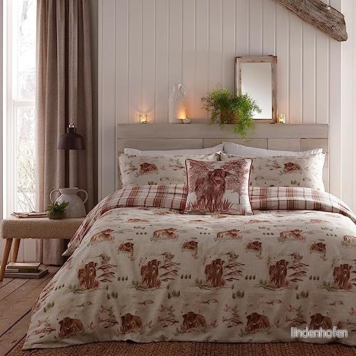 Dreams & Drapes Highland Cow påslakan enkel sängstorlek (140 x 200 cm) mjuk 100% borstad bomull röda rutiga sängkläder med kor i röd terrakotta skogssängkläder 5056387777290
