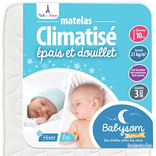 Babysom Luftkonditionerad babymadrass 60 x 120 cm vändbar: 1 st sval sommarsida och sida vintervadderad anti kvalster tjocklek 10 Oeko Tex® fransk tillverkning 3454980333370