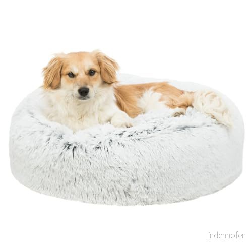 TRIXIE Hundsäng Harvey ø 60 cm i vit svart tvättbar hundkudde med långhårig plysch hundkorg för medelstora hundar halkfri och 37319 4047974373194