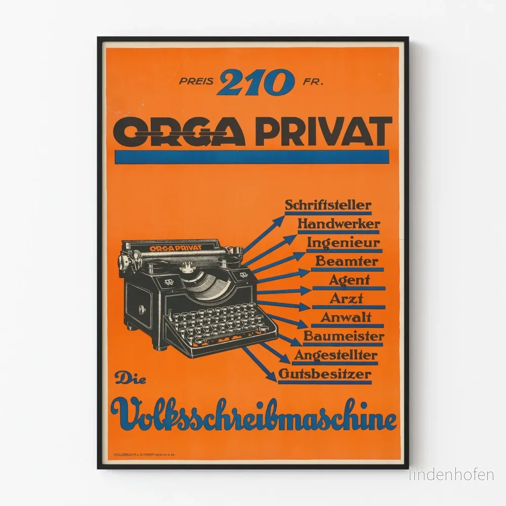 Vintage affisch med skrivmaskinen Orga Privat väggdekoration
