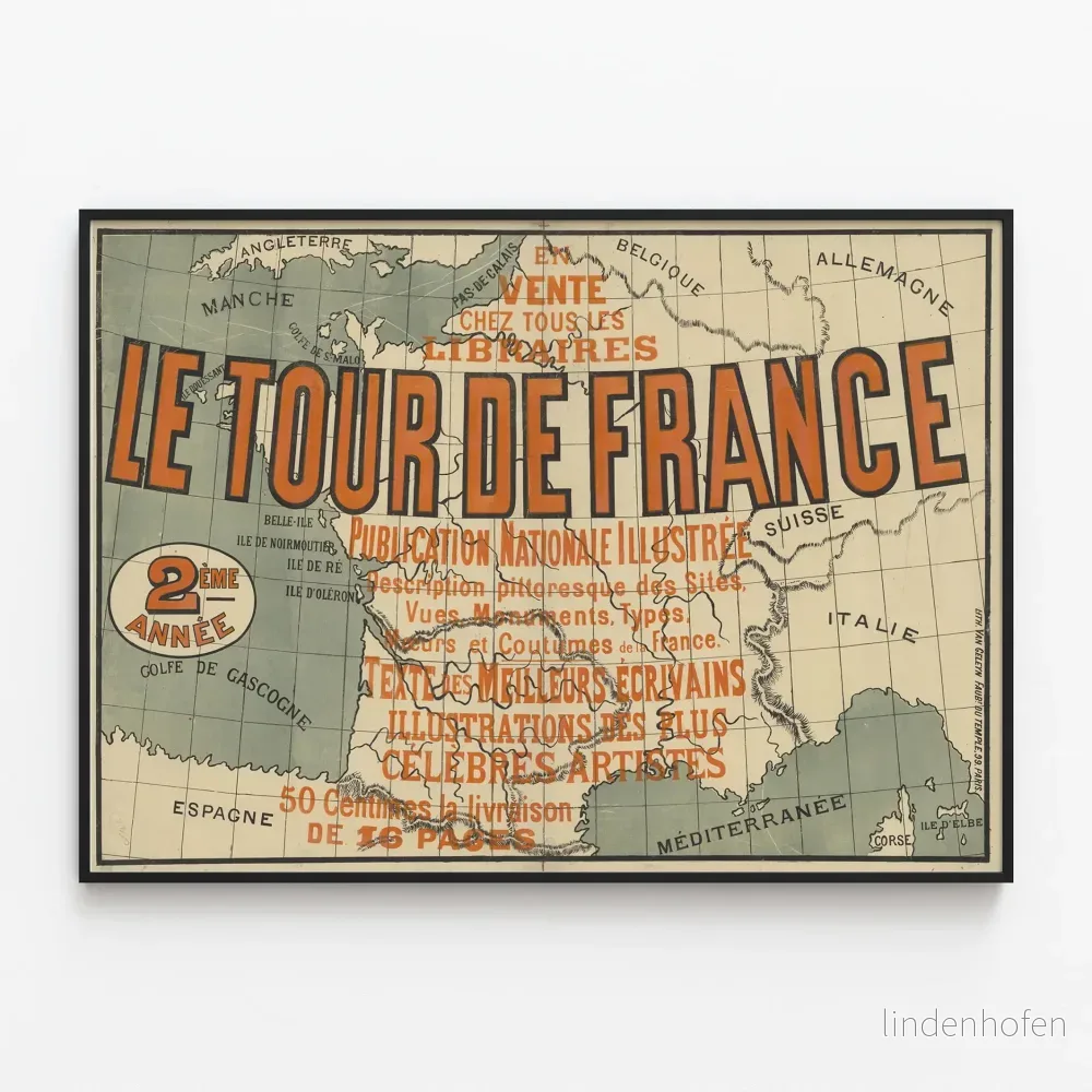 Vintageposter av Tour de France – Illustrerad karta över Frankrike och dess regioner