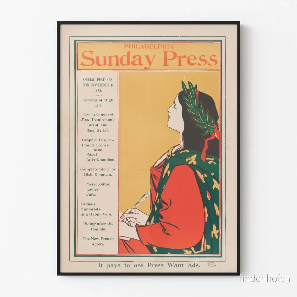Vintageposter av Philadelphia Sunday Press från 1895 för väggdekoration