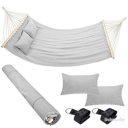 Bakaji 2-sits Trädgårdshängmatta 232 x 148 cm Transversella barer i trä Poly Bomull med 2 Kuddar och remmar Modern Design För Garden Terrass Camping (Ljusgrå 8054143015058