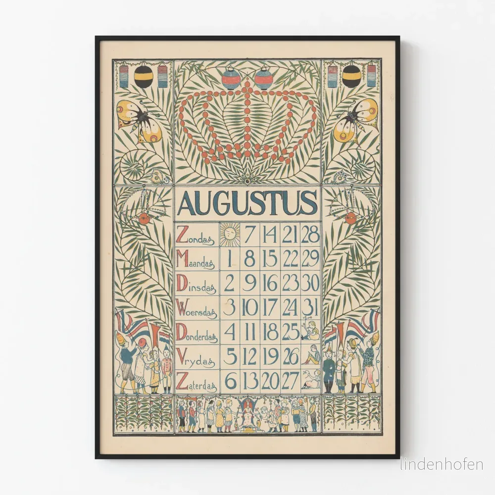Vintage väggdekoration affisch för kalender augusti 1898