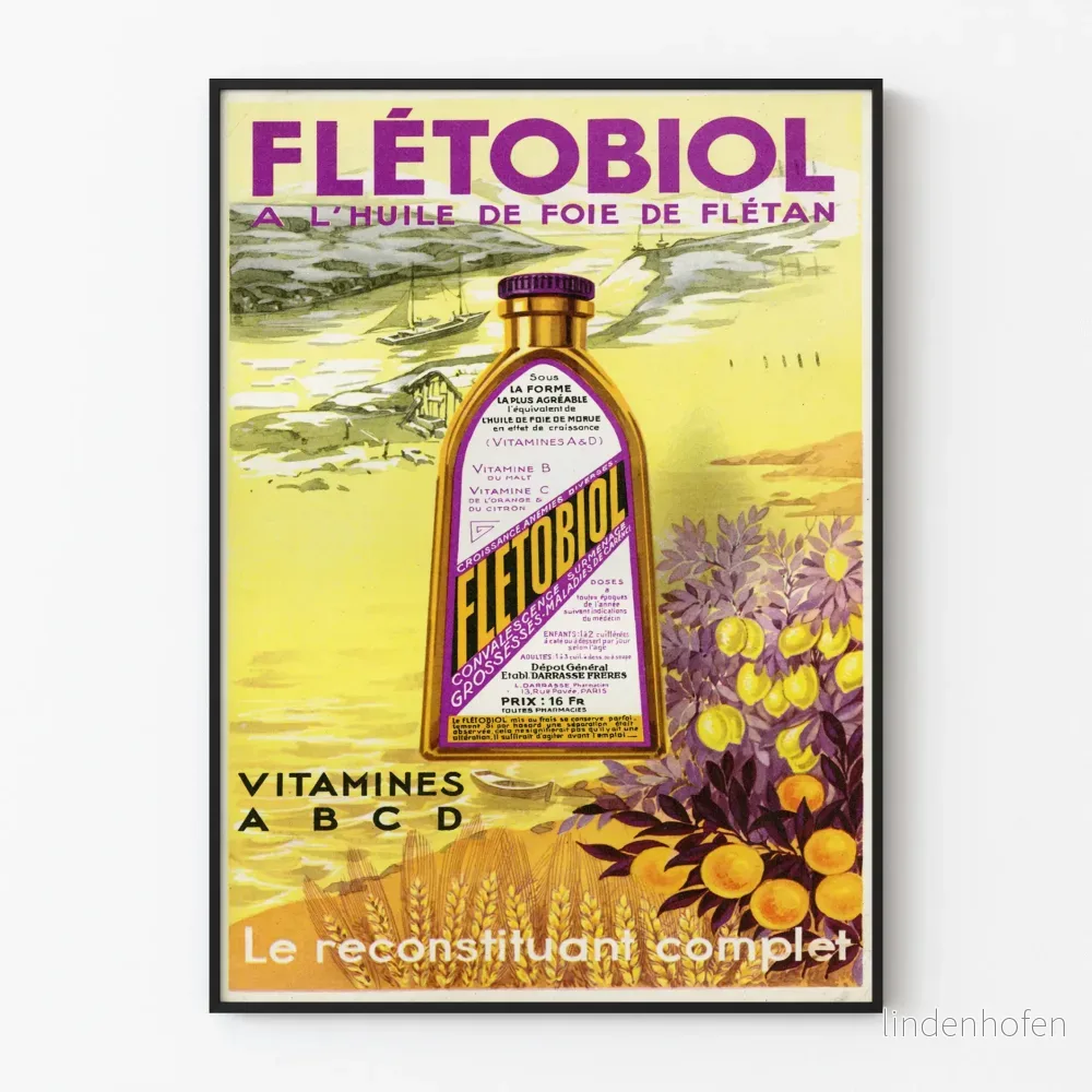 Vintageposter Flétobiol - Retro väggdekoration Vitaminer A B C D