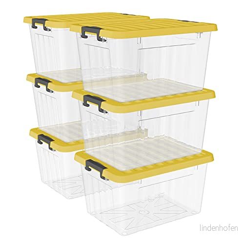 Cetomo 15 L x 6 förvaringslådor med lock, plastförvaringskorgar spärrspännen, klickstängning, stapelbar, kapsling, organiserare för hemmakontorskläder, klar och gul, pack 6925801118799