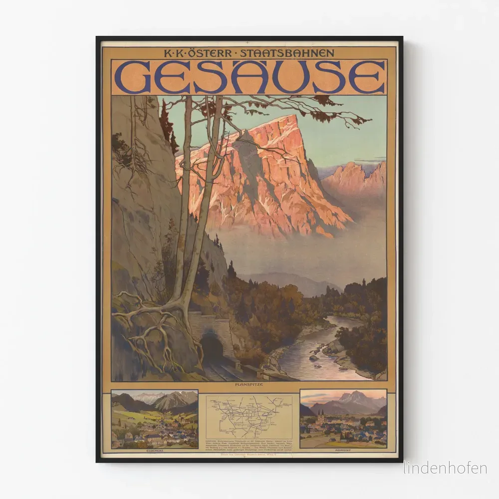 Vintageposter Gesause - Väggdekoration med berg och gammalt tåg