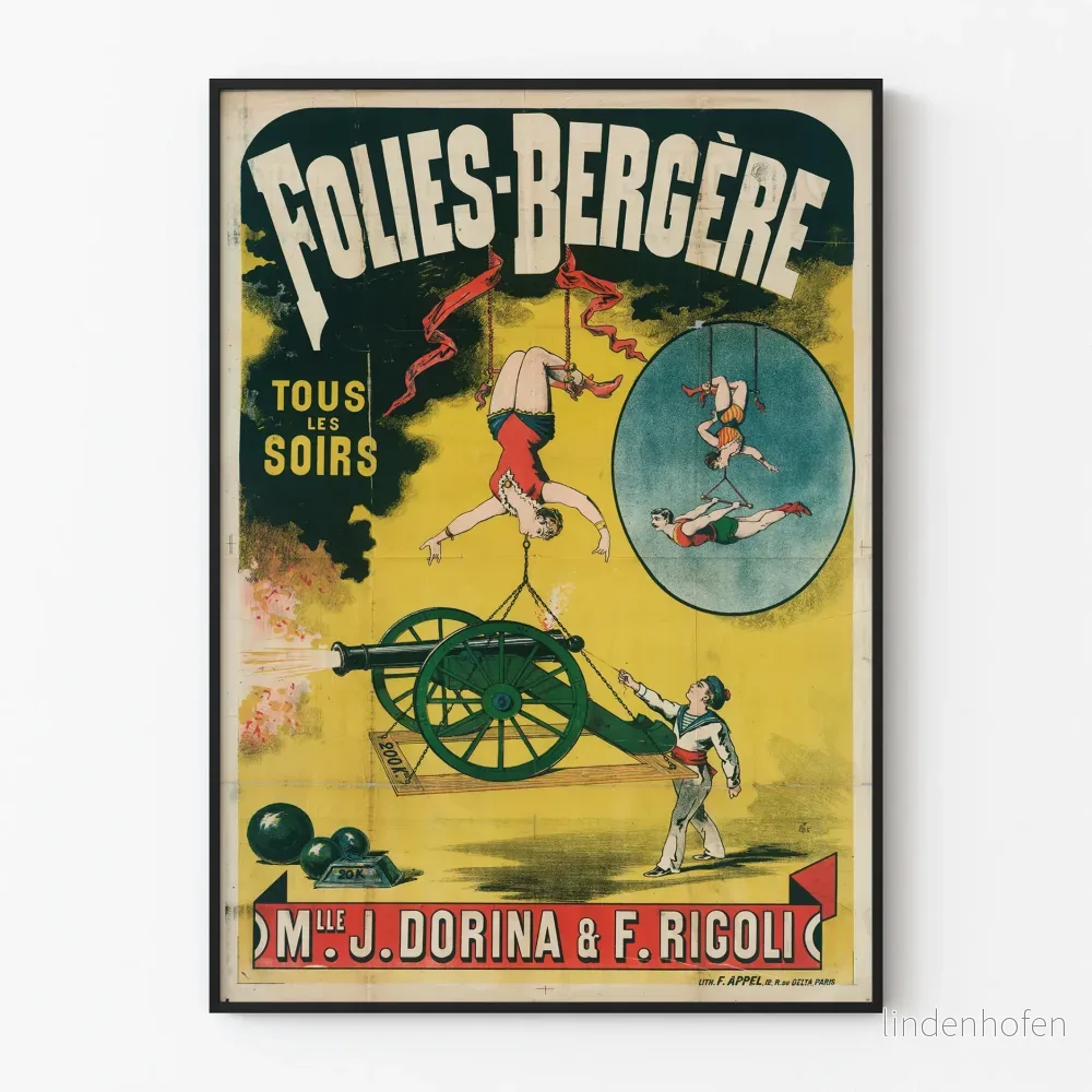 Affisch Folies Bergère med Mlle J. Dorina och F. Rigoli Affisch Folies Bergère med Mlle J. Dorina och F. Rigoli