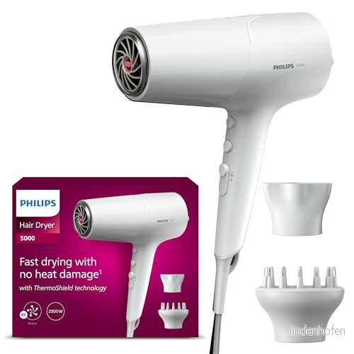 Philips Hair Dryer 5000 Series, ThermoShield teknik, jonisk, 2 100 W, vit, med stylingmunstycke och volymmunstycke, modell BHD500/20 8710103998129