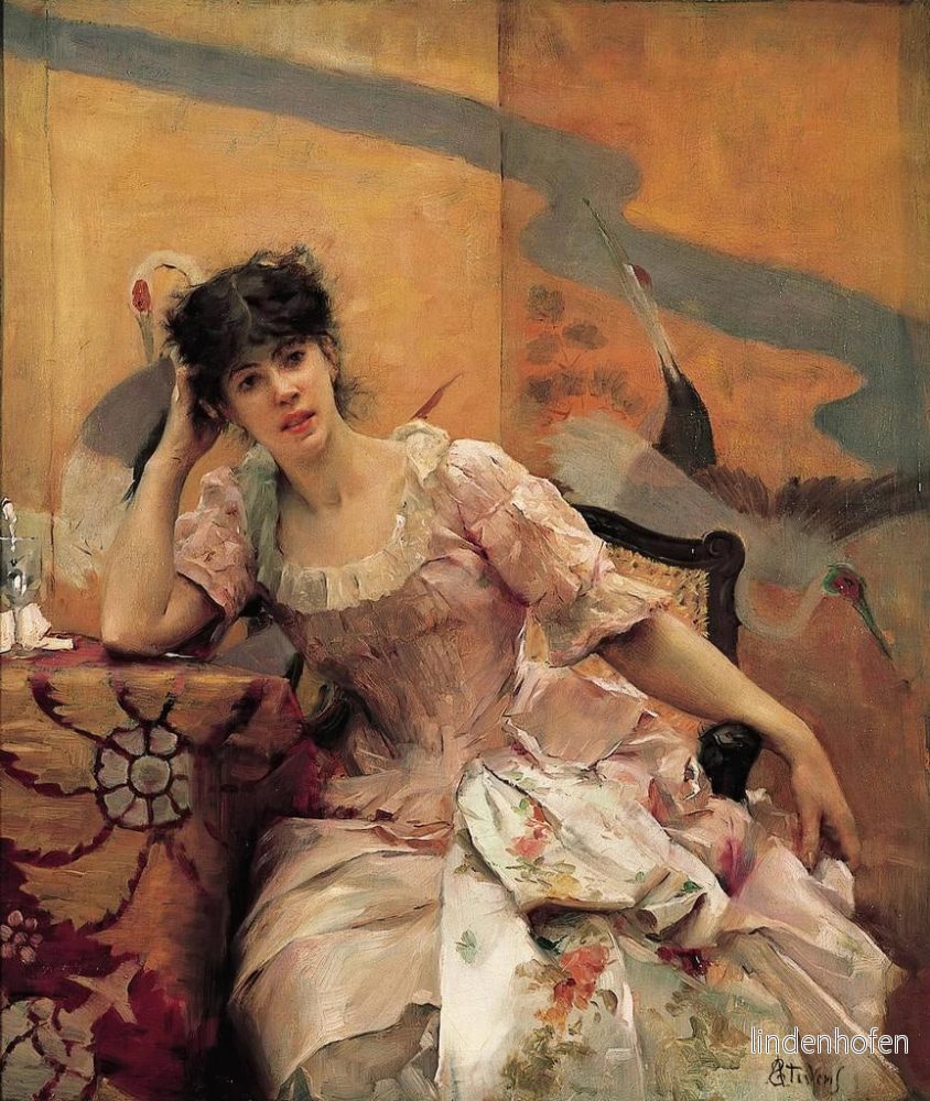 Målning ung kvinna med ett japanskt skärmat - Alfred Stevens | Konsttryck - Bild 2