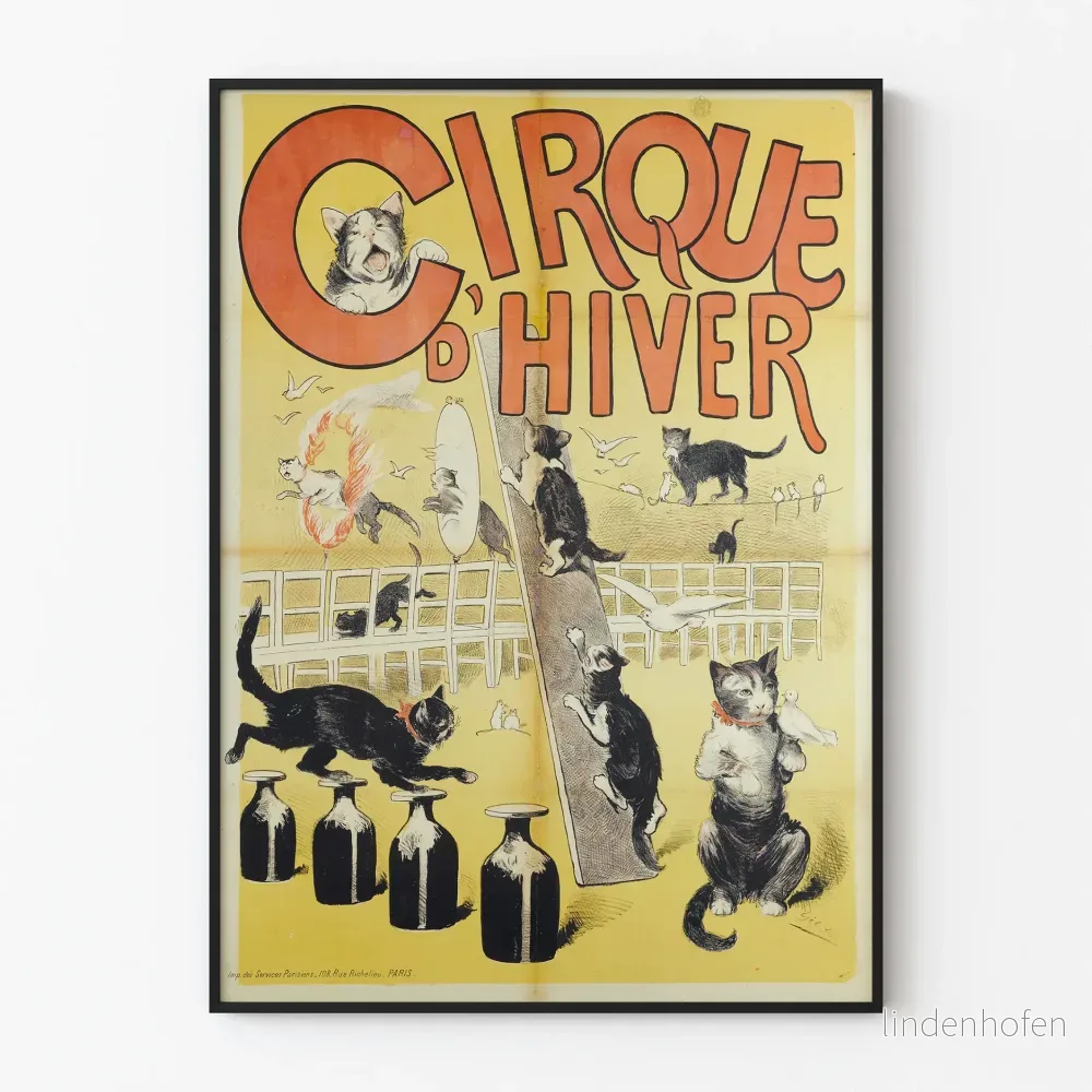 Cirque d'Hiver poster med illustration av katter och akrobater