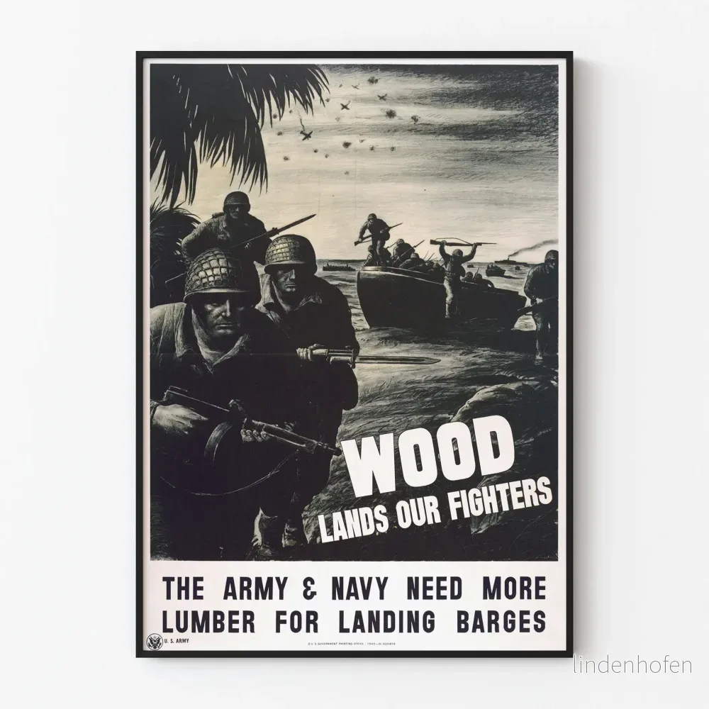Vintageaffisch med amerikansk armé i trä för landstigningsbåtar