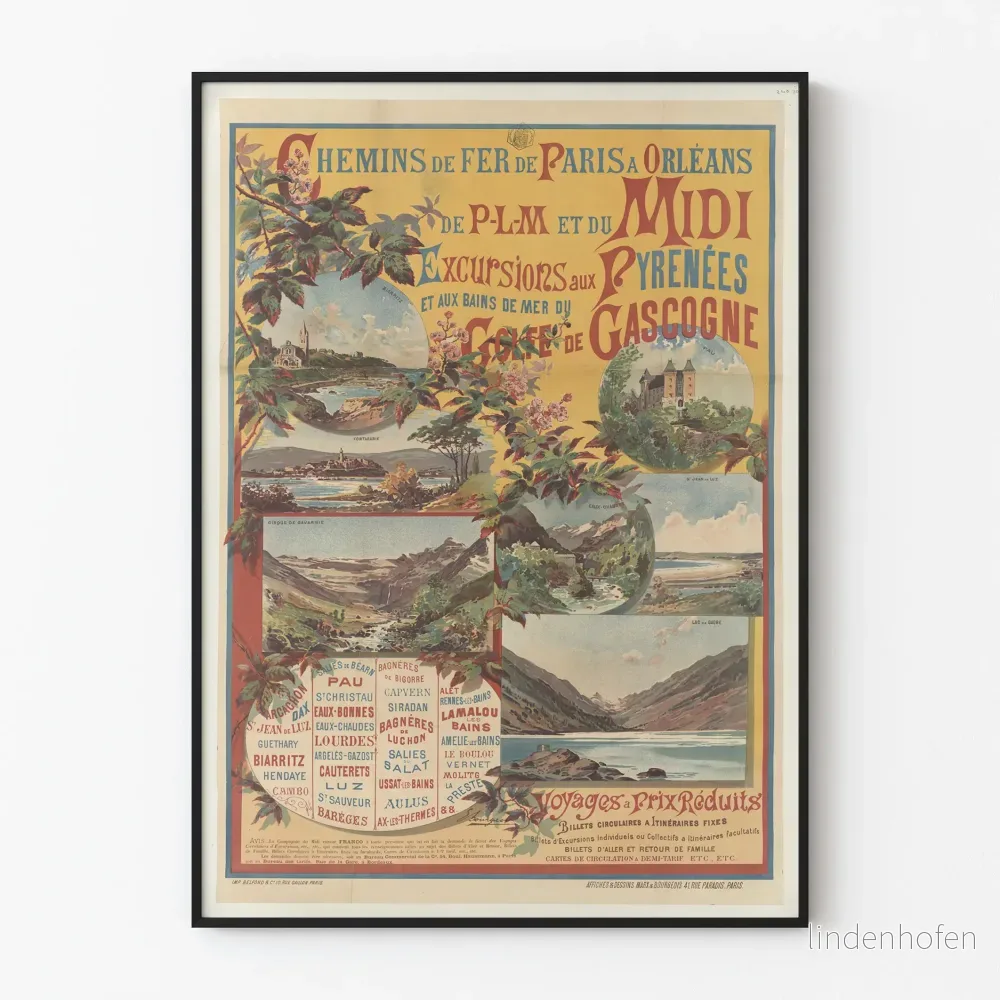 Vintageaffisch Paris-Orléans järnvägskuponger utflykter till Pyrenéerna och Gascognen