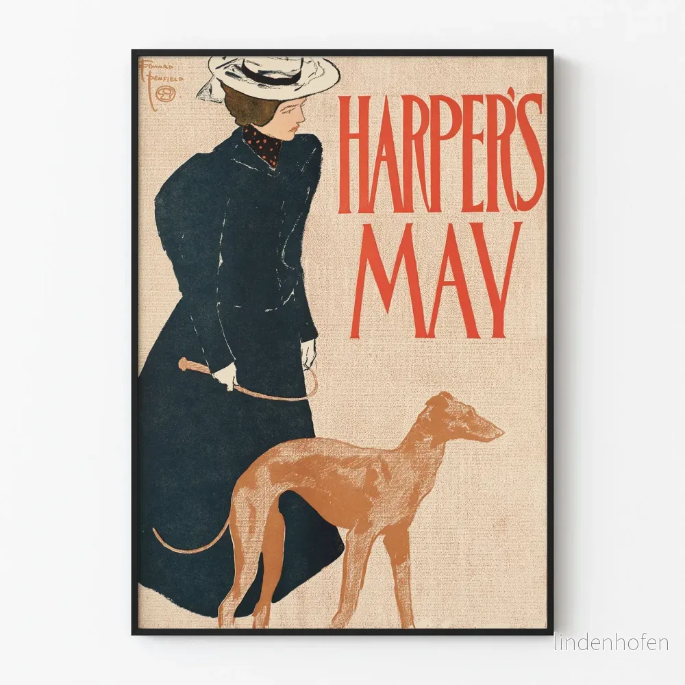 Vintageposter Harper's May med en elegant kvinna och en greyhound