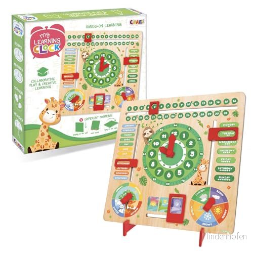 CRAZE My Learning Clock Djur ENGLISKA SPRÄK lärklocka barn trä, kalenderklocka för lärande barn, inlärningstavla klocka årstider väggklocka 4059779058602