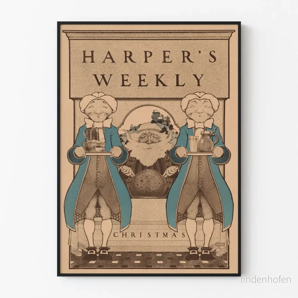Vintageposter Harper's Weekly Jul med figurer och jultomte